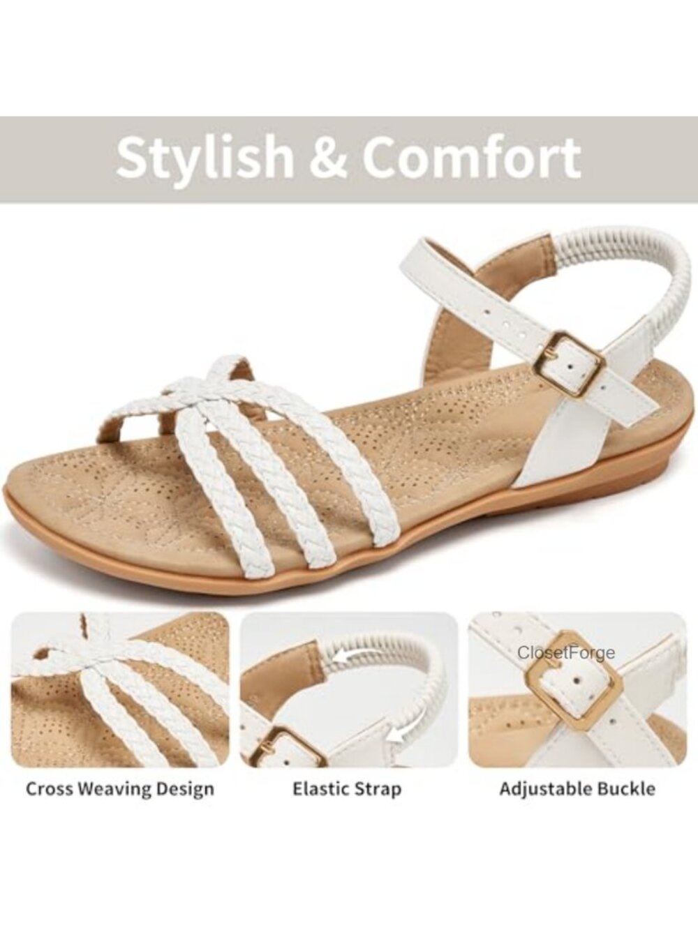 Women's Woven Flat Sandals with Adjustable Ankle Strap, Cushioned for All-Day - Picture 3 of 6